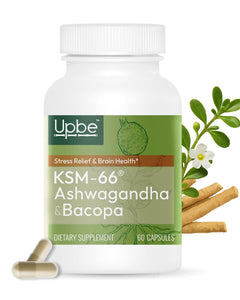 Supplement bottle labeled 'Upbe' with KSM-66 Ashwagandha & Bacopa on a white background