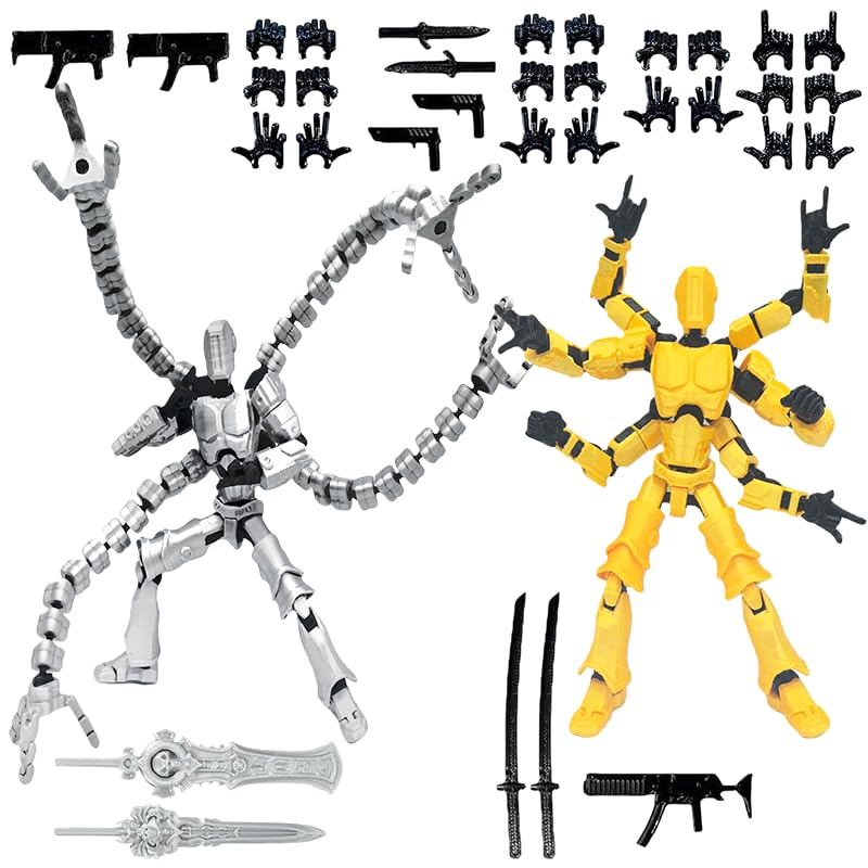 T13 3D Action Figure Set (Assembly Completed) 2 Pcs, 3D Printed Multi-Jointed, Titan 13 Action Figures, Multi-Articular Lucky Mobile Robot Nova,Desktop Decorations for Game Lovers Toys (Sliver Gold)