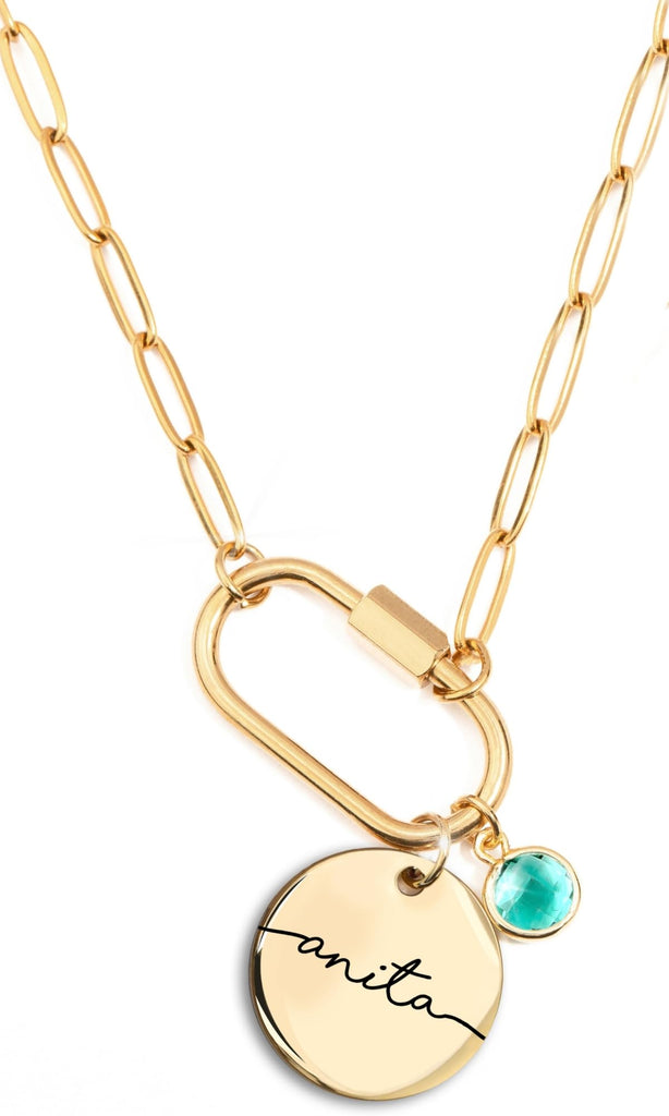 MignonandMignon Birthstone Necklace for Mom Charm A Necklace for Women Personalized Charm with Gold Paperclip Jewelry with Engraved Heart Pendant Gift for Her -P-LOCK-N-S2