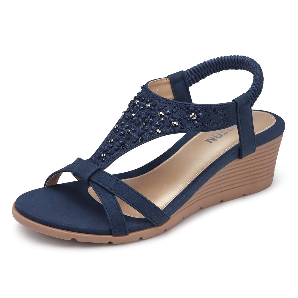 TEMOFON Sandals for Women Wedge Dressy: Summer Open Toe Dress Sandal Comfortable Casual Low Platform Beach Shoes Dark Navy Blue Size 8.5