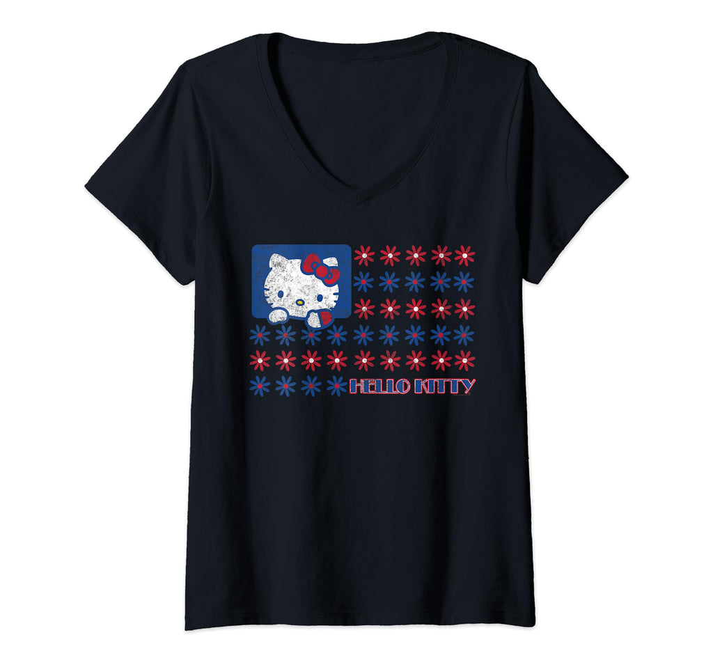 Womens Hello Kitty USA Red White Blue Americana Daisies Flag V-Neck T-Shirt