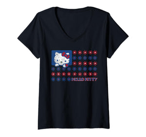 Womens Hello Kitty USA Red White Blue Americana Daisies Flag V-Neck T-Shirt