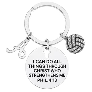 Personalized Volleyball Charm Keychain with Inspirational Scripture Phil. 4:13, Christian Faith Jewelry, Volleyball Gifts for Women, Teens, and Girls