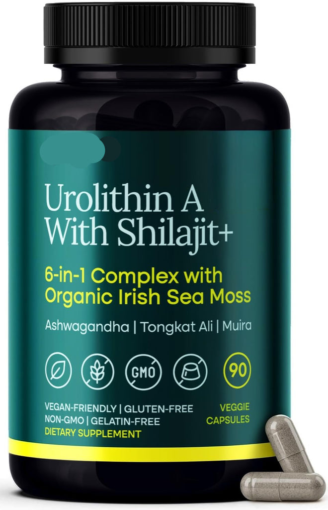 Supplement bottle labeled 'Urolithin A with Shilajit+' by Etta Vita on a white background