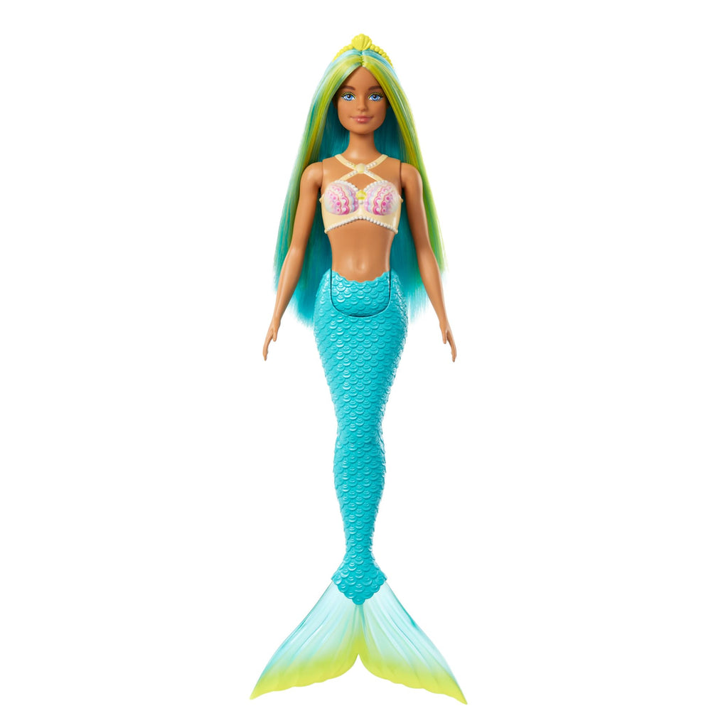 Barbie Mermaid Doll with Two-Tone Blue & Yellow Fantasy Hair & Headband Accessory, Toy with Shell Bodice & Turquoise Tail