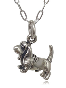 EnCharmed Sterling Silver Tiny Basset Hound Dog 3D Charm Necklace, 18"