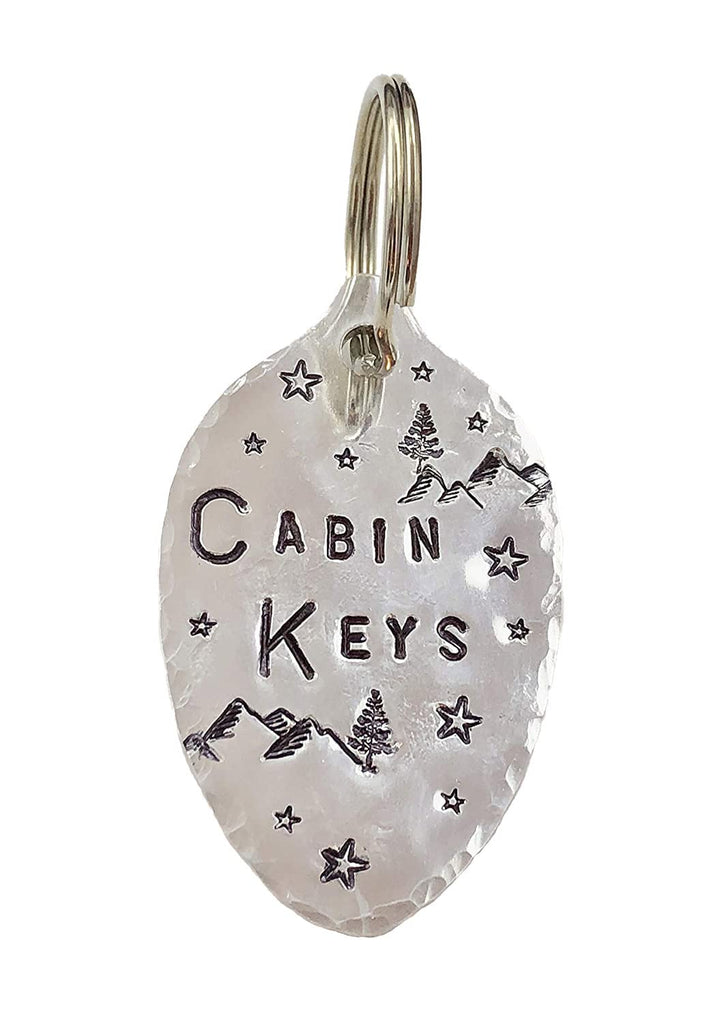 Cabin Keys Keychain, Mountain Trees Stars, Recycled Vintage Spoon, Silver Plate