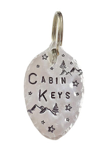 Cabin Keys Keychain, Mountain Trees Stars, Recycled Vintage Spoon, Silver Plate