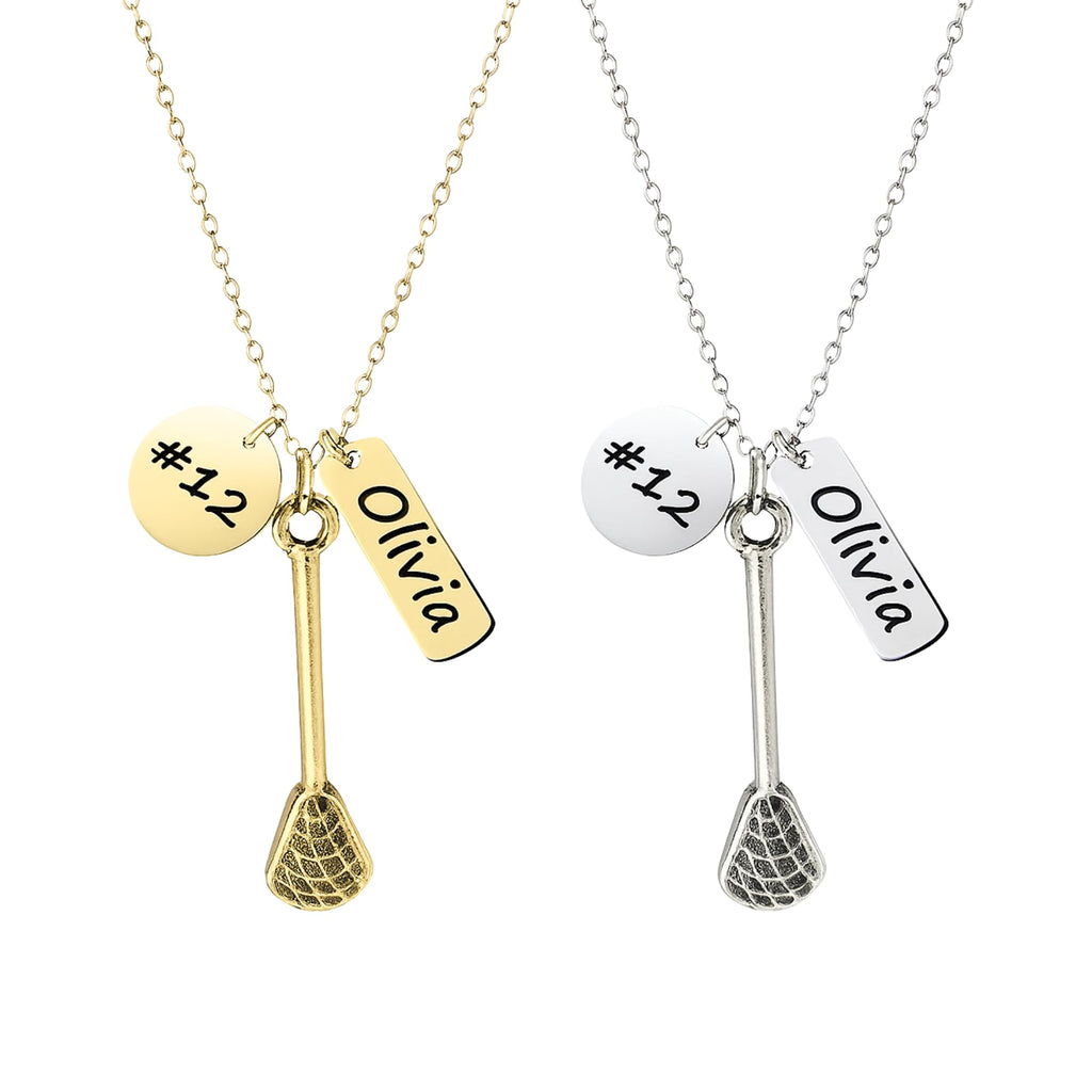 Lacrosse Necklace with Name & Number Charm, Custom Stick Jewelry Gift for Female Players, Coaches, Teens – Stainless Steel, Velvet Pouch