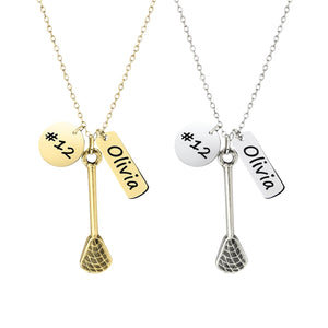Lacrosse Necklace with Name & Number Charm, Custom Stick Jewelry Gift for Female Players, Coaches, Teens – Stainless Steel, Velvet Pouch