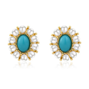 Big Turquoise and Pearl Stud Earrings for Women Vintage Boho 14K Plated Gold Oval Gemstone Earrings for Western Jewelry