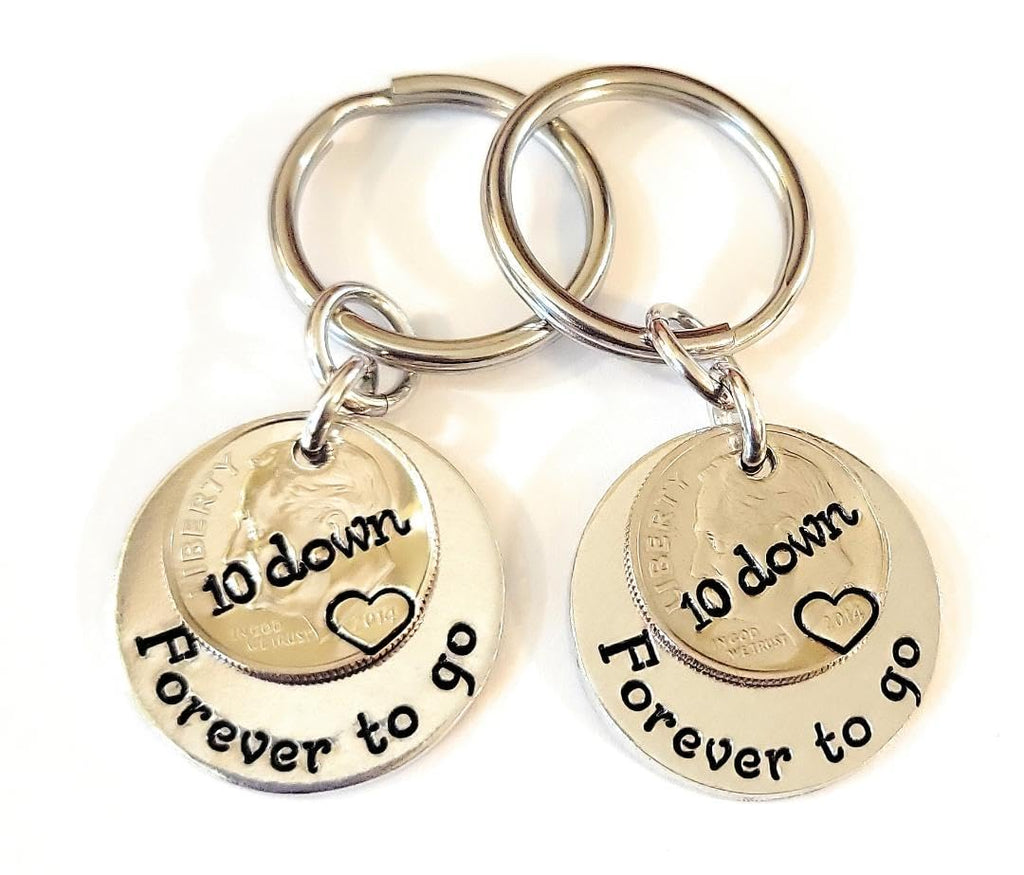A Pair of 10 Down and Forever To Go Key Chains, 10th Wedding Year Dimes, 10th Anniversary Idea Gift