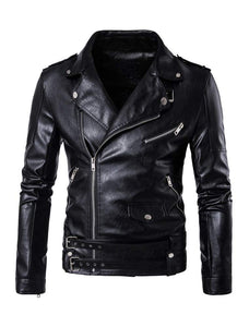 PASOK Men's PU Leather Jacket Causal Belted Faux Leather Motorcycle Jacket Zipper Biker Coat