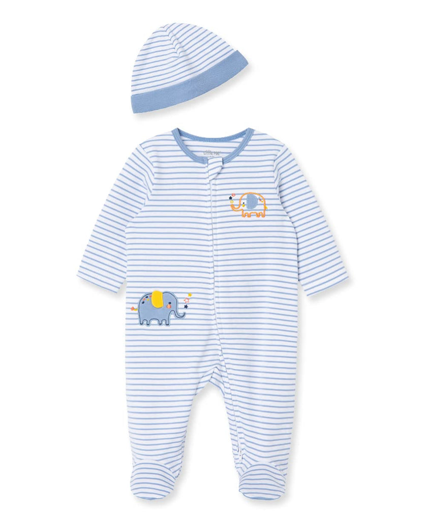 Little Me Baby Boy Clothes 2-Piece Baby Sleeper and Cap Set 100% Cotton Footies with Full 2-way Zipper and Scratch Free Tags Baby Essentials - 9 months, Striped Elephants