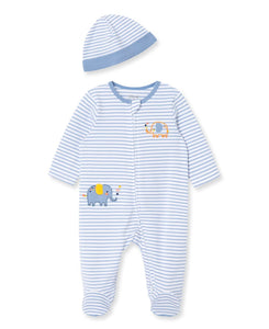 Little Me Baby Boy Clothes 2-Piece Baby Sleeper and Cap Set 100% Cotton Footies with Full 2-way Zipper and Scratch Free Tags Baby Essentials - 9 months, Striped Elephants