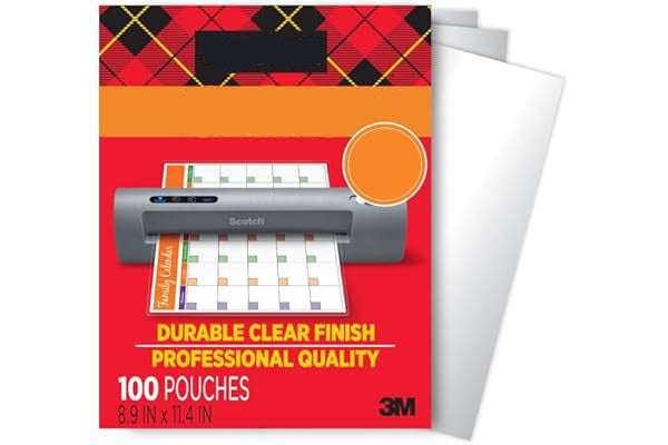 Scotch thermal laminating pouches packaging with a red and orange design.