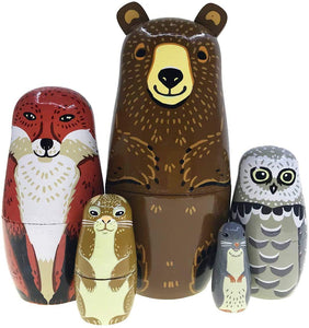 Nesting Dolls-Brown Cartoon Owl Bear Fox Raccoon Russian Nesting Dolls Wooden Matryoshka Doll Handmade Stacking Toy Set 5 Pieces for Kids