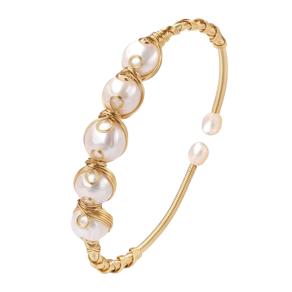LOOYUUPEE Pearls Bracelets for Women, Natural Freshwater Pearls Bracelets Jewelry Bangle, Lucky Jewelry for Mom Lover Her (14K Gold Plated)