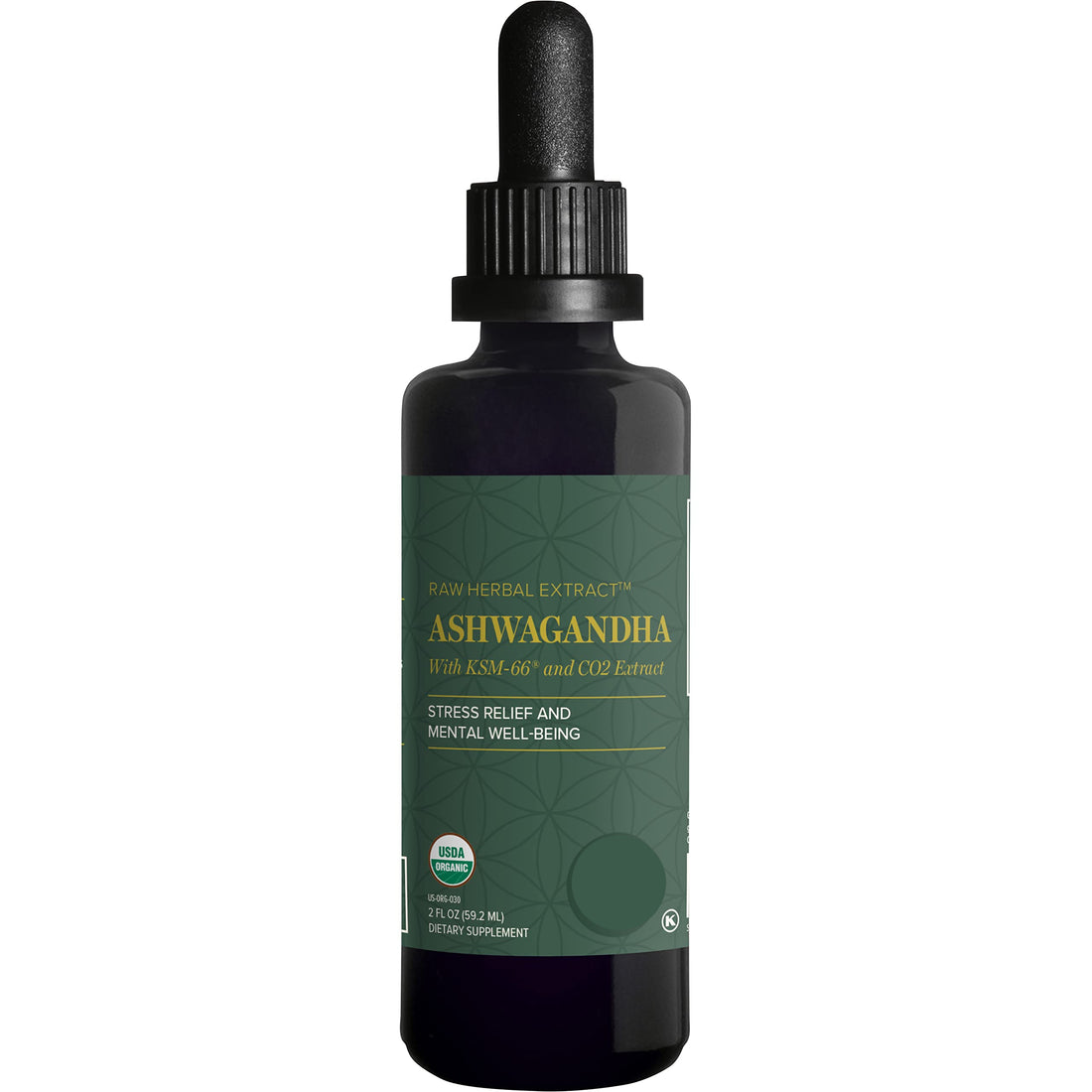 Bottle of Ashwagandha extract with a dropper on a white background