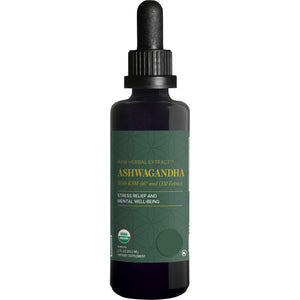 Bottle of Ashwagandha extract with a dropper on a white background