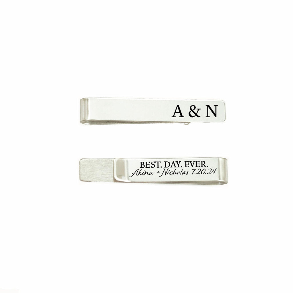 SM Design Personalized Initials Tie Clip - Best Day Ever - Stainless Steel - Wedding & Engagement - Men's Tie Bar