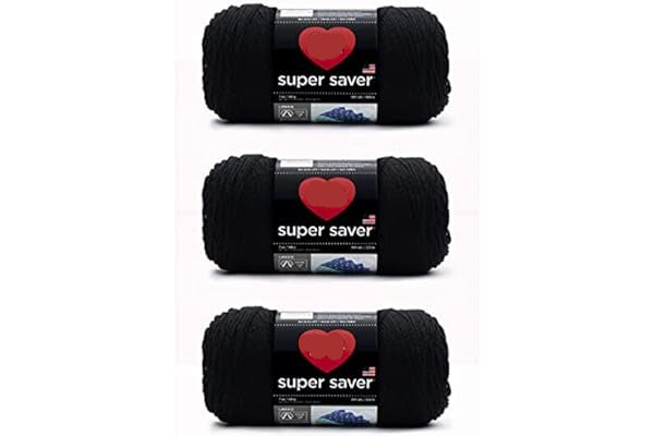 Three skeins of Red Heart Super Saver black yarn on a white background