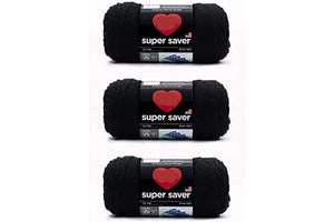 Three skeins of Red Heart Super Saver black yarn on a white background
