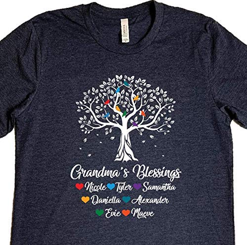 Grandma Tree Shirt with Grandkids Names Custom Blessings Personalized Tee with Tree Bird and Grandchildren Names, Navy Turquoise Red Royal Blue
