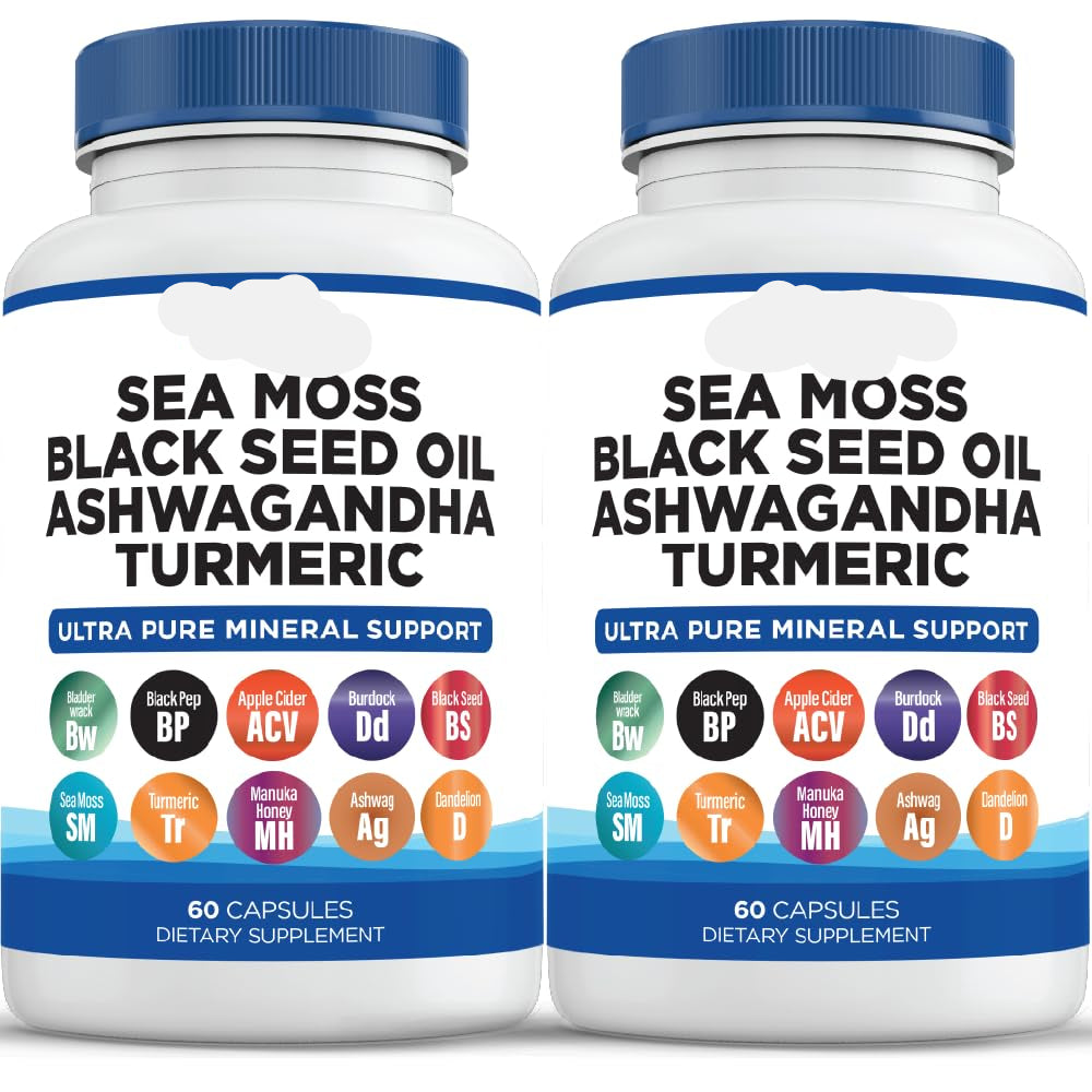 Two bottles of Liberty Essentials Sea Moss Black Seed Oil Ashwagandha Turmeric dietary supplements on a white background.