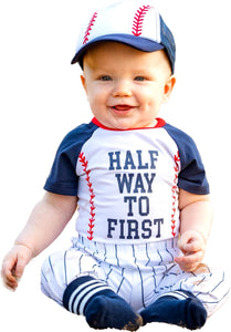 Personalized Half Birthday Boy Girl Half Way Half 1/2 Way to First® 6 Month Baseball Outfit Set