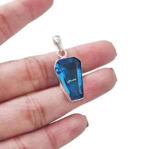 Generic Blue Topaz Pendant, Natural Blue Topaz, December Birthstone, Womens Pendant Necklace, 925 Sterling Silver, Coffin Shape Pendant