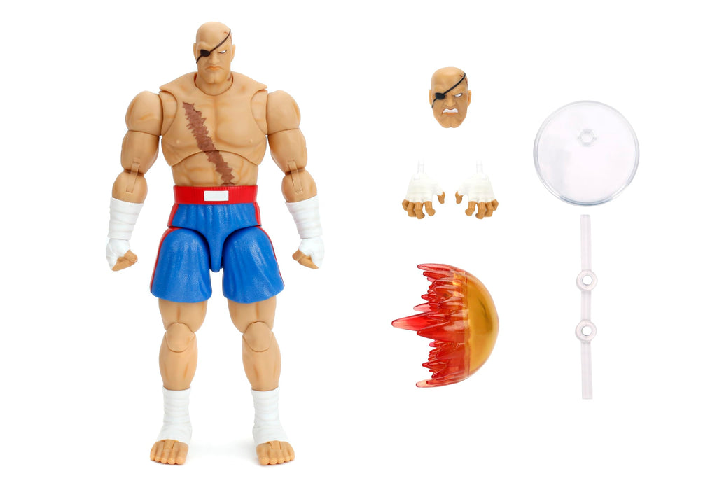 Jada Street Fighter II Sagat Deluxe 1:12 Scale Action Figure - Highly Articulated, Tiger Shot Accessory & Stand, 7.6" Tall