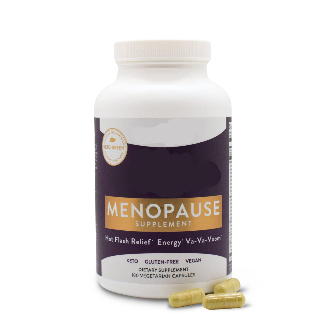 Mighty Maca Plus menopause supplement bottle with capsules on a white background