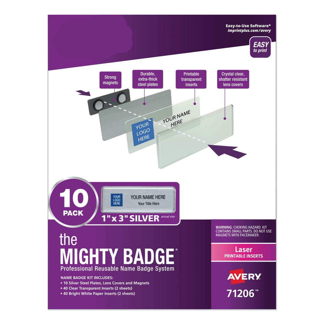Avery Mighty Badge packaging with purple and white design