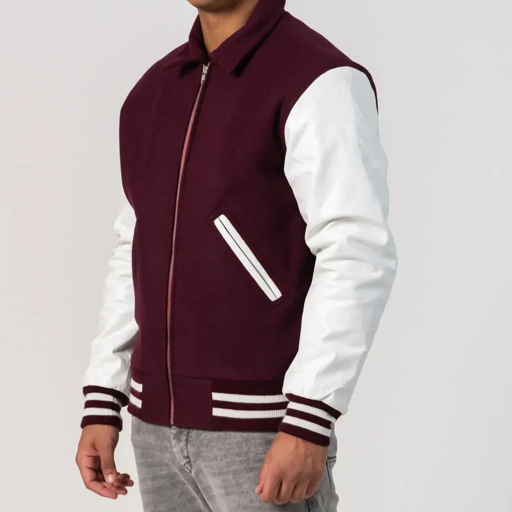 Maroon Wool Varsity Jacket with White Leather Sleeves and Zipper