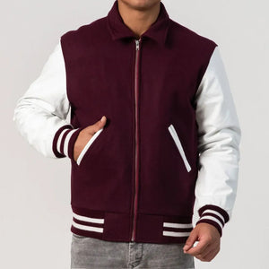 Maroon Wool Varsity Jacket with White Leather Sleeves and Zipper
