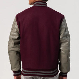 Maroon Body & Grey Leather Sleeves Varsity Jacket