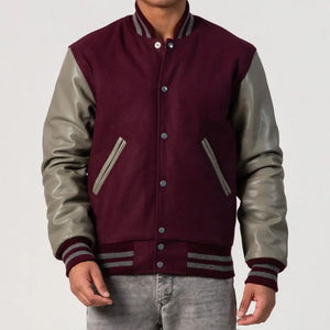 Maroon Body & Grey Leather Sleeves Varsity Jacket