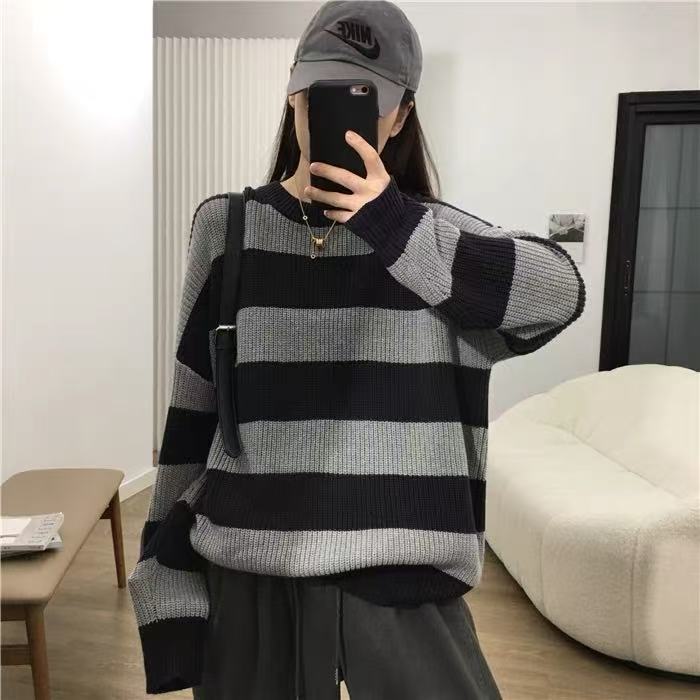 Early Autumn Loose And Lazy Style Striped Sweater For Women