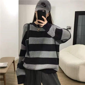 Early Autumn Loose And Lazy Style Striped Sweater For Women