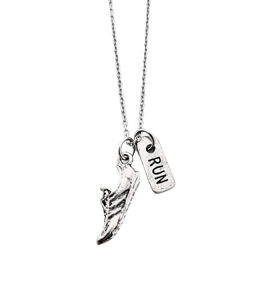 Pewter RUN Rectangle Necklace - Running Shoe Charm and Pewter RUN Rectangle Charm on 18 inch Stainless Steel Cable Chain