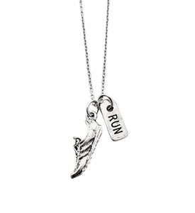 Pewter RUN Rectangle Necklace - Running Shoe Charm and Pewter RUN Rectangle Charm on 18 inch Stainless Steel Cable Chain