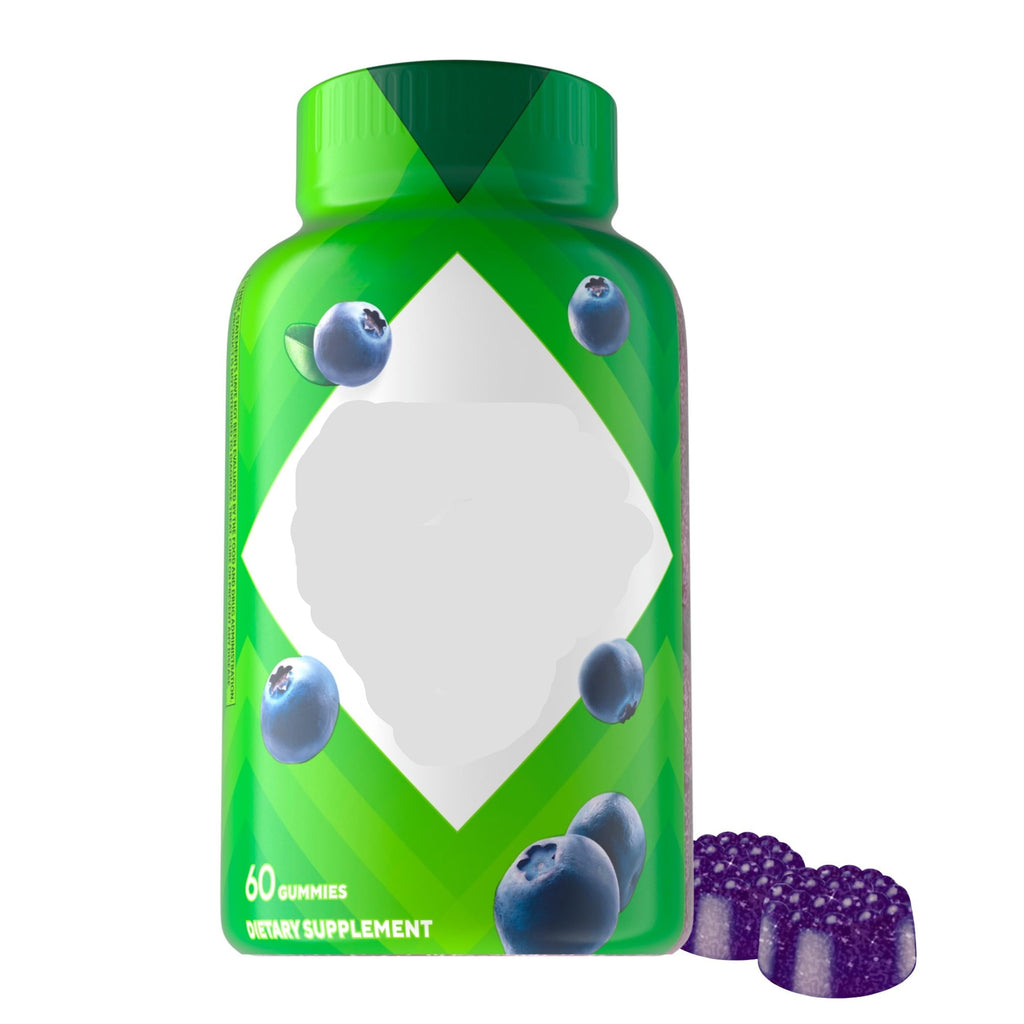 Vitafusion stress support gummy supplement bottle with blueberries on a white background