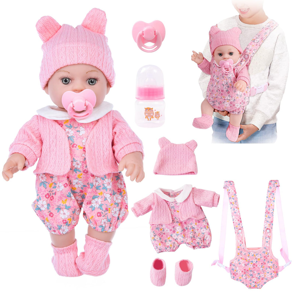 12" Baby Doll Set with Clothes and Baby Carrier for Dolls Reborn Baby Doll Accessories Include Feeding Bottles Nipple Toy Stuffs for Kids Age 3+