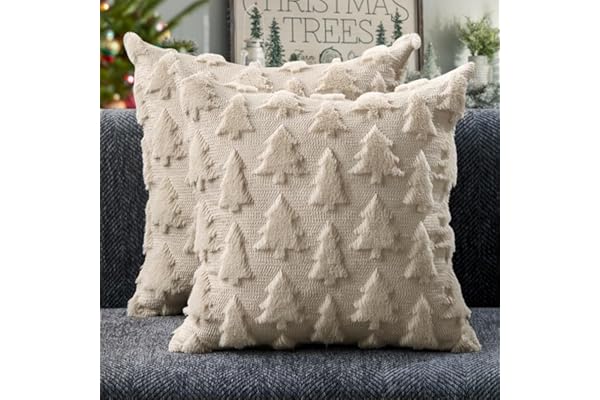 DFXSZ Christmas Tree Pillow Covers 18x18 inch Set of 2 Christmas Decoration Beige Soft Plush Faux Fur Jacquard Throw Pillows for Bedroom Sofa Holiday Festivals Winter Home Decor PTK006C18