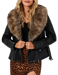 Bellivera Women's Faux Leather Jacket Moto Biker Sherpa-Lined Coat with Removable Fur Collar