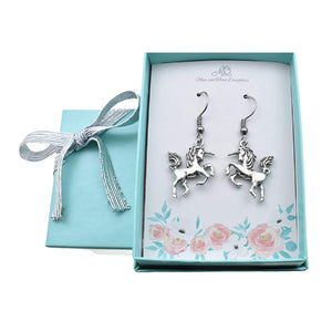 Unicorn Earrings in Silver Pewter | Silver Tone Metal Charm | Stainless Steel Earring Hooks | Animal Jewelry | Unicorn Charm Jewelry
