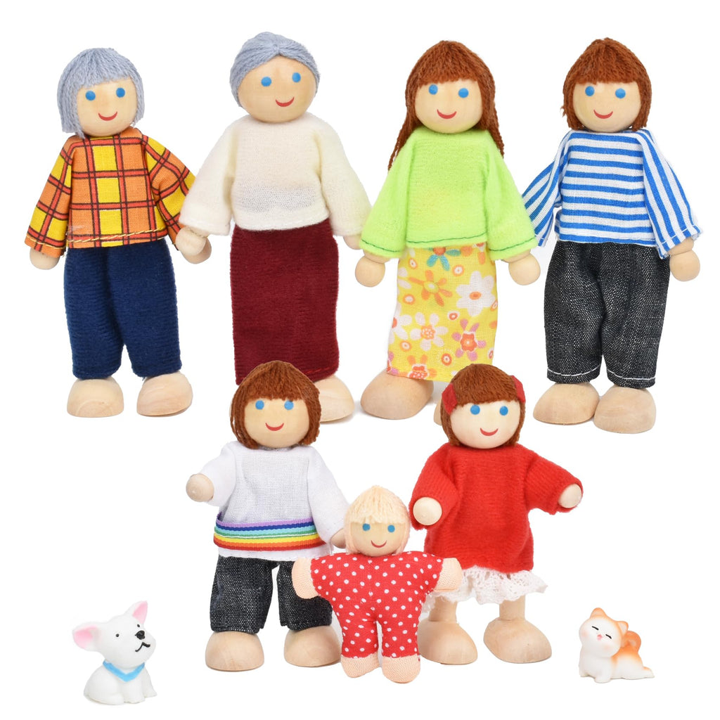 Wooden Doll House People of 7 Miniature Figures and 2 Pets, Dollhouse Dolls Family Set Accessories for Girls Toddler Kids Pretend Play and Imaginative Fun