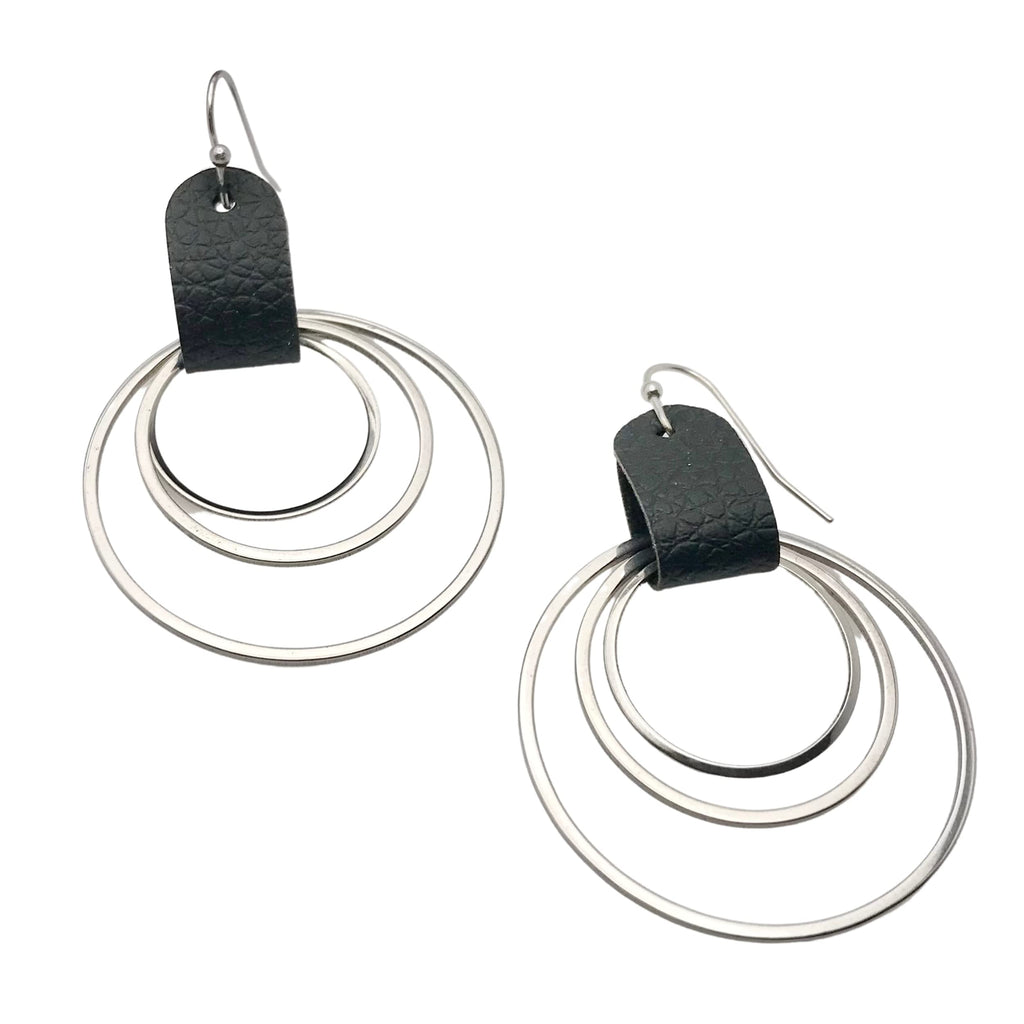 Triple Hoop Dangle Earrings Silver Circles with Black Faux Leather