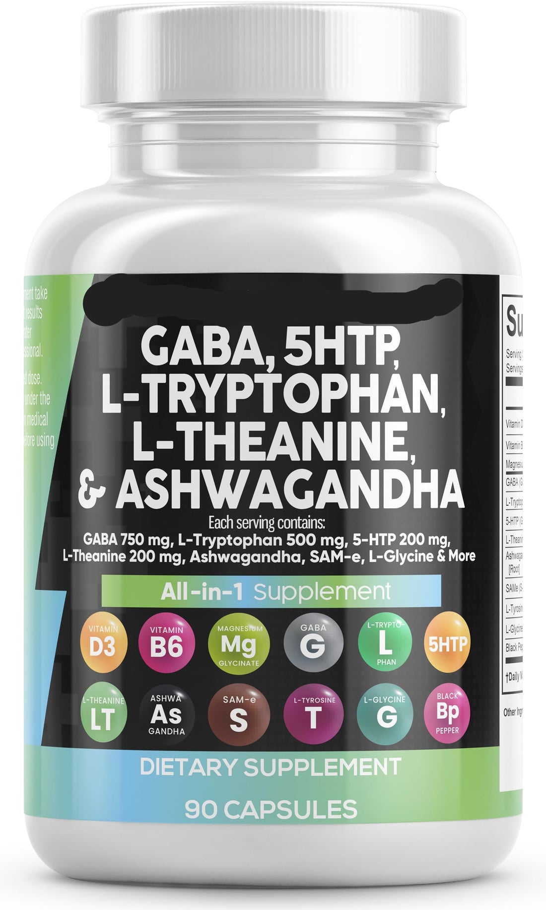 Supplement bottle labeled 'Calmacain' with various ingredients on a white background